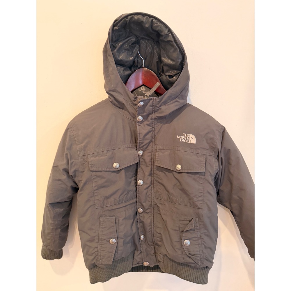 The North Face Boys Medium Gray Hooded Winter Bomber Jacket Puffer Coat M 10-12